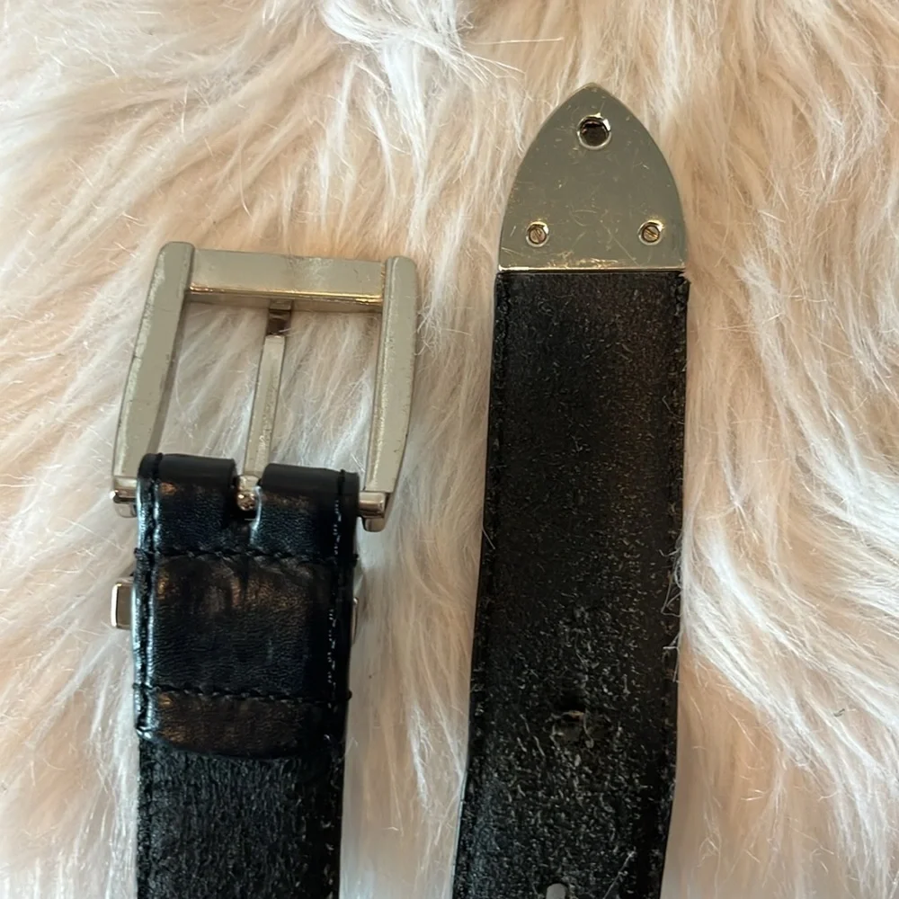 Black leather belt with silver tone golfer/golf conchos and metal tip est men XL